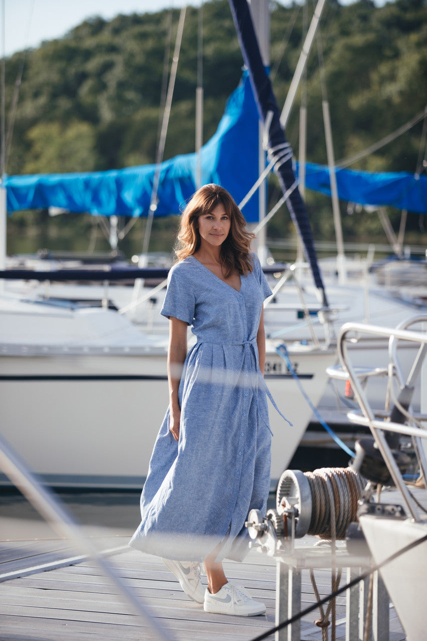 June Dress in Light Blue Linen/Cotton