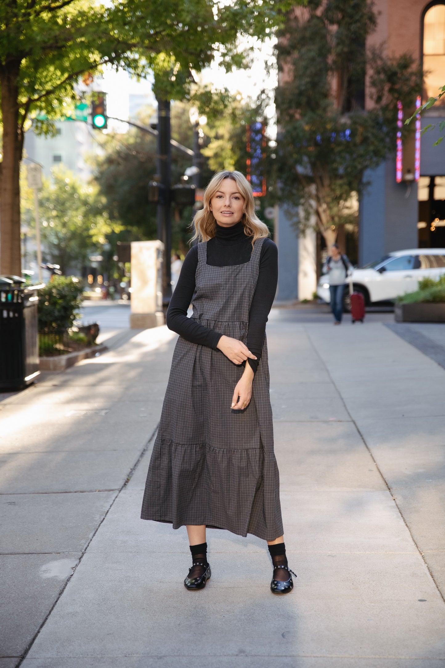 Long Lena Tiered Linen Dress in Navy Plaid