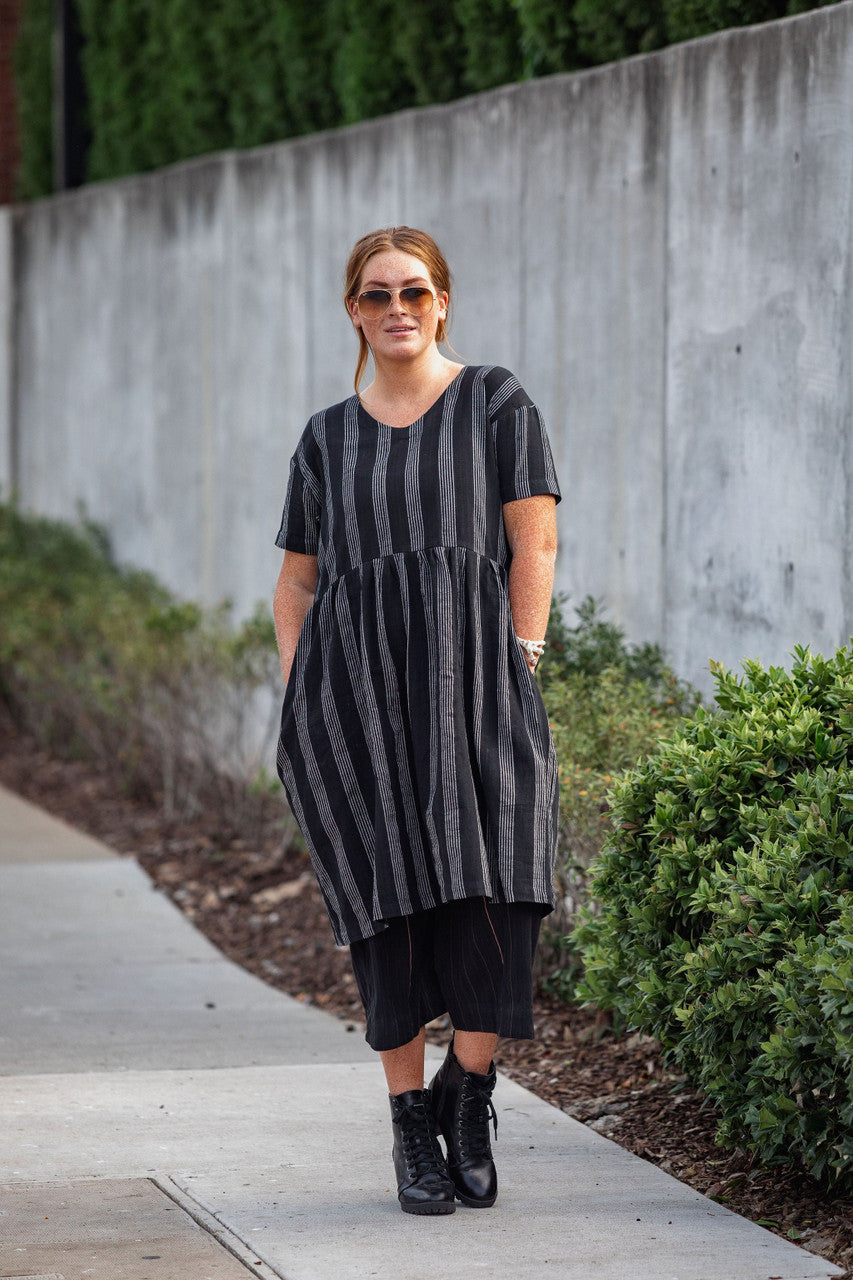 Eloise Handwoven Cotton Dress in Black and White Stripe