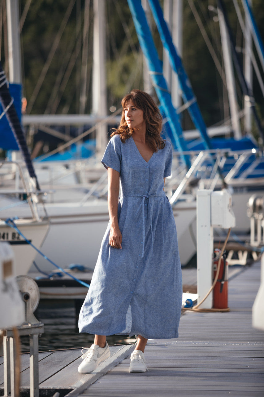 June Dress in Light Blue Linen/Cotton