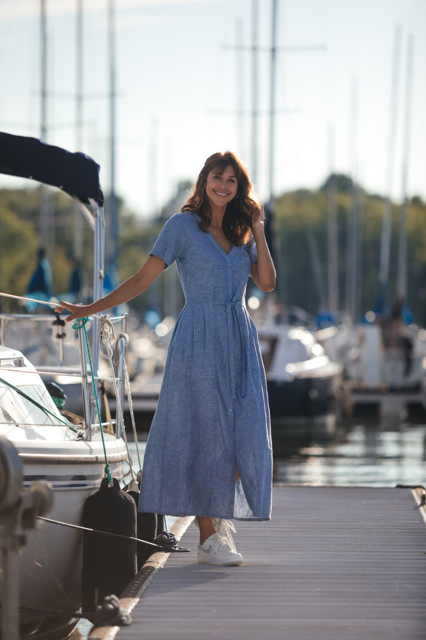 June Dress in Light Blue Linen/Cotton