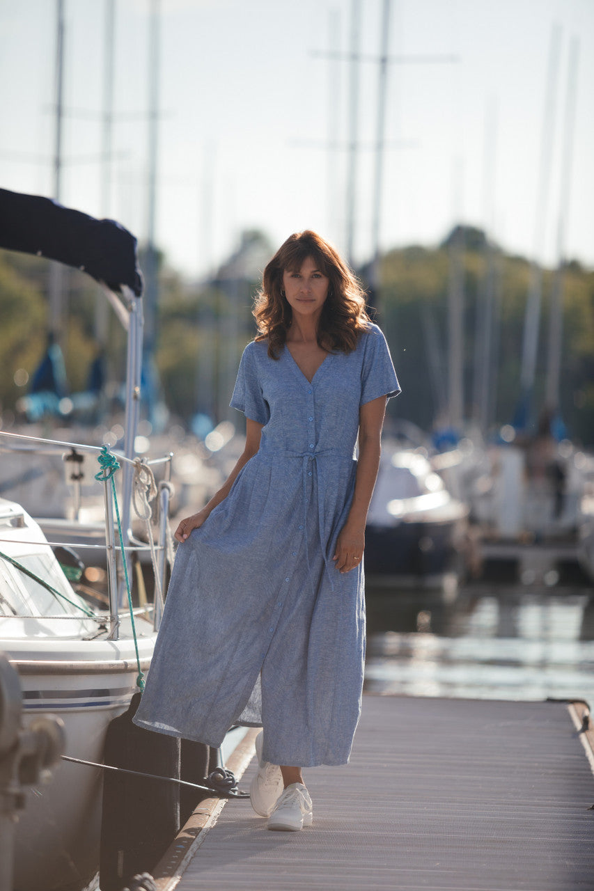 June Dress in Light Blue Linen/Cotton