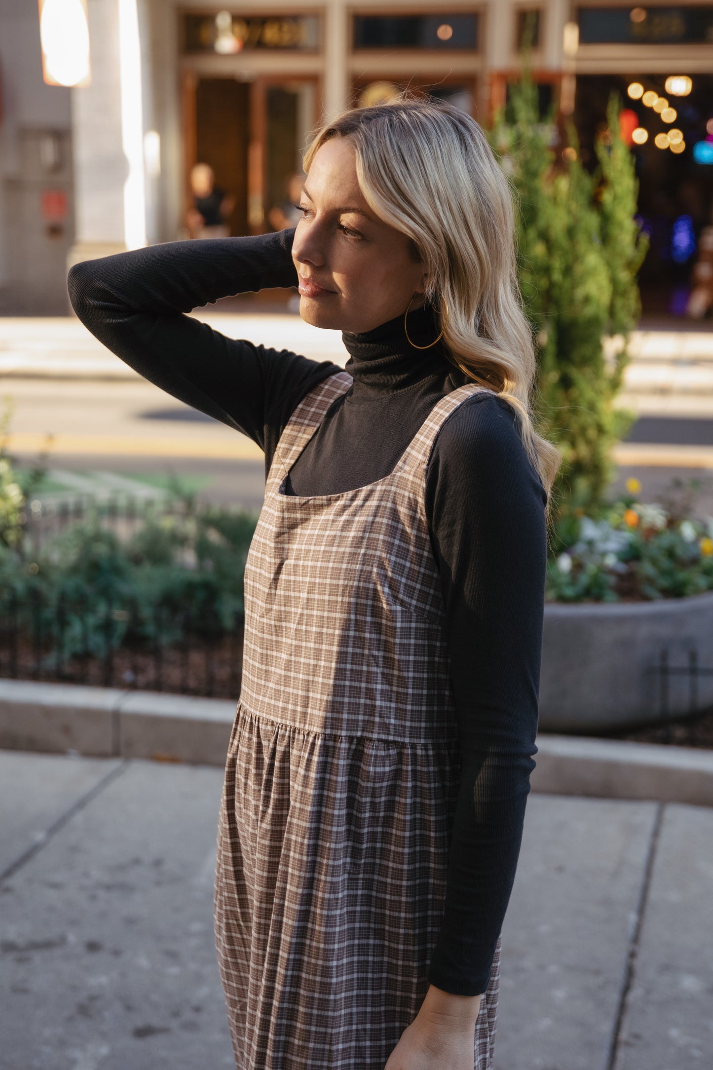 Long Lena Tiered Linen Dress in Beige Plaid