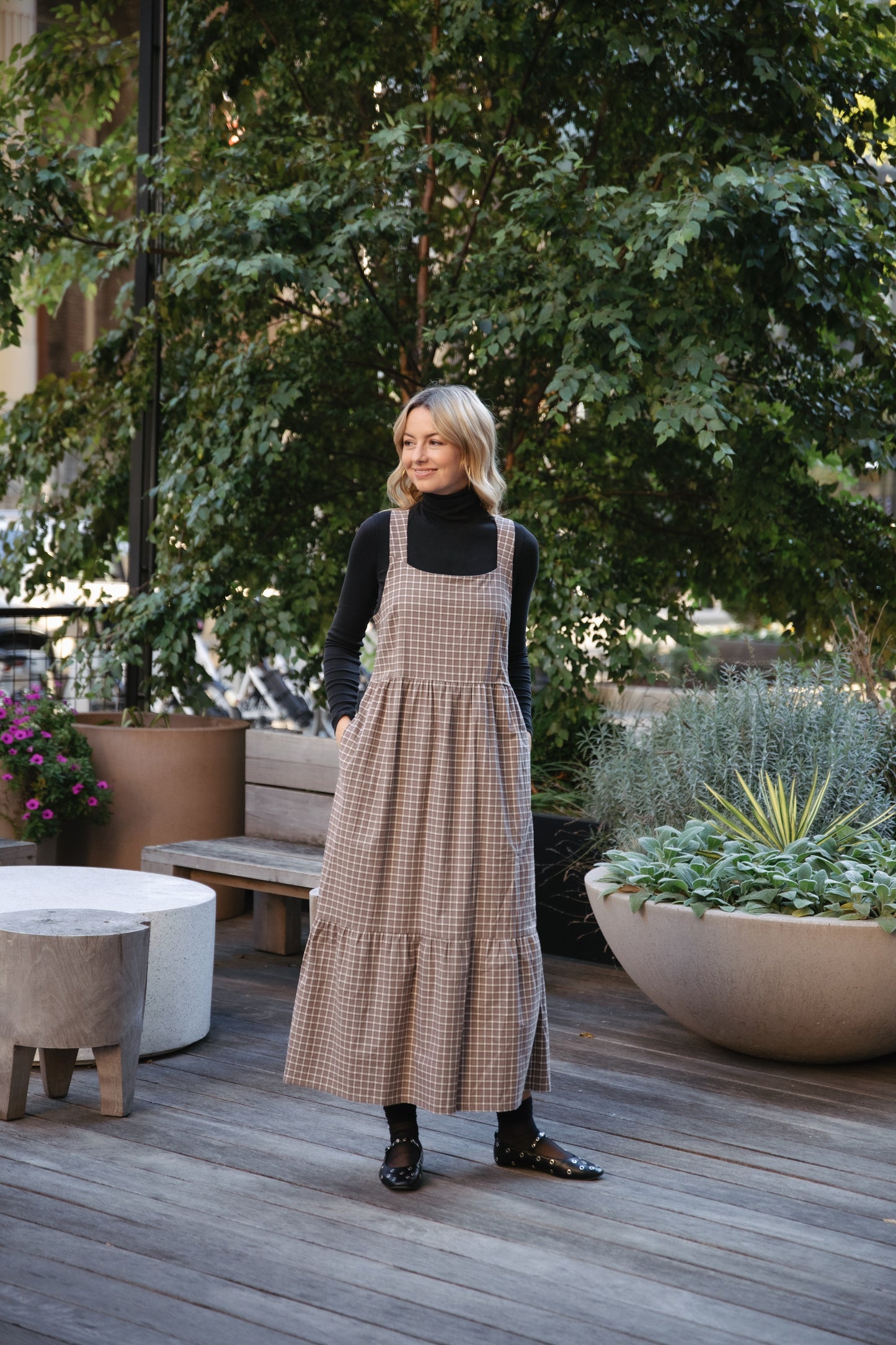 Long Lena Tiered Linen Dress in Beige Plaid