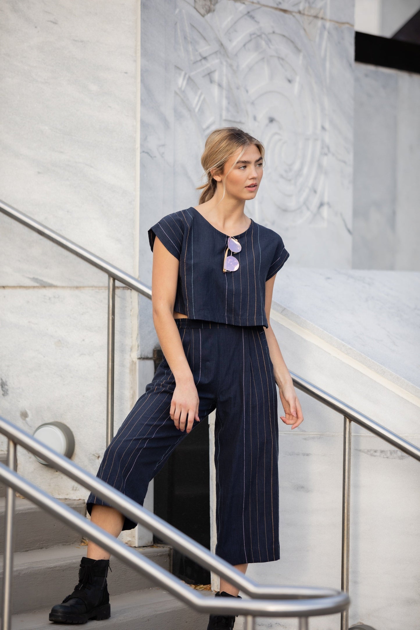 Katie Handwoven Cotton Crop Set in Navy Pin Stripe - Pre-Order 2/30