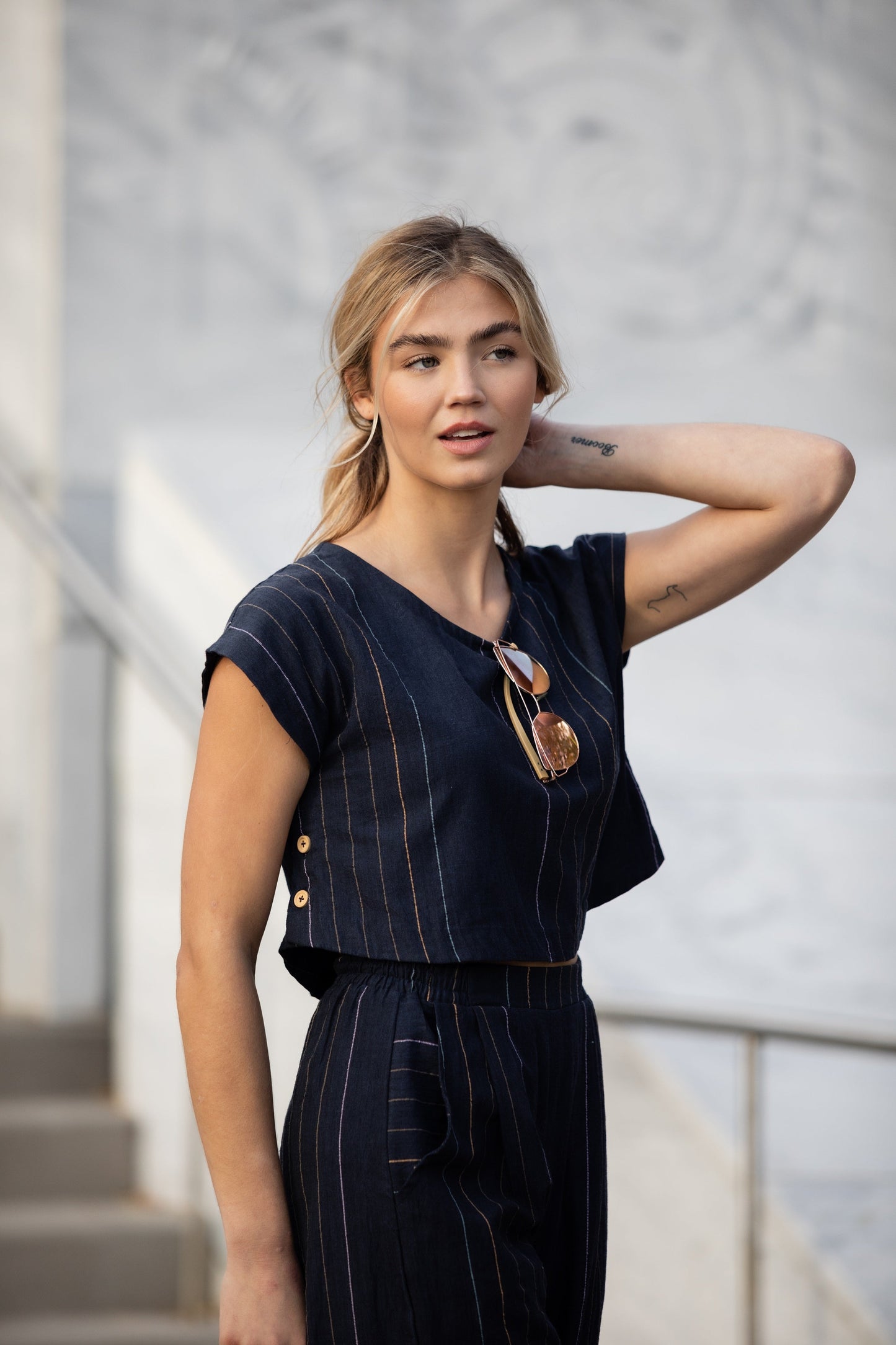 Katie Handwoven Cotton Crop Set in Navy Pin Stripe - Pre-Order 2/30