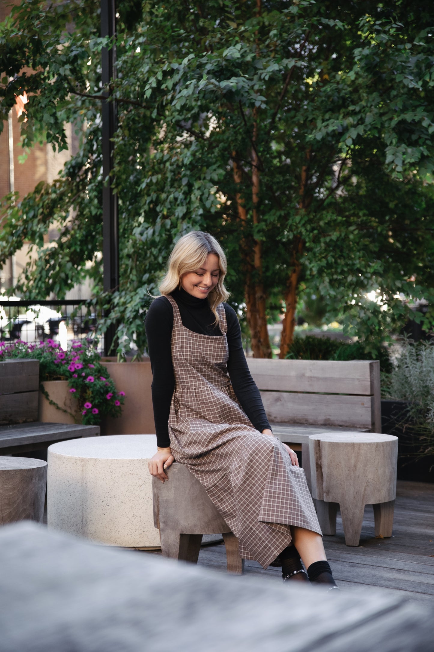 Long Lena Tiered Linen Dress in Beige Plaid