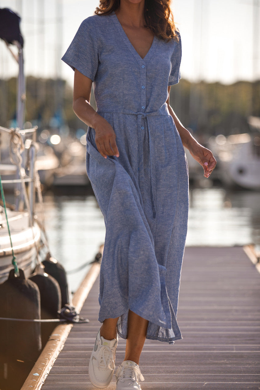 June Dress in Light Blue Linen/Cotton