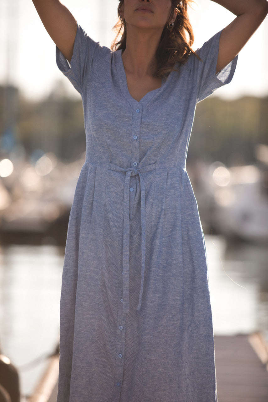 June Dress in Light Blue Linen/Cotton