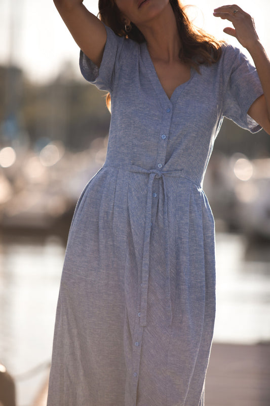 June Dress in Light Blue Linen/Cotton