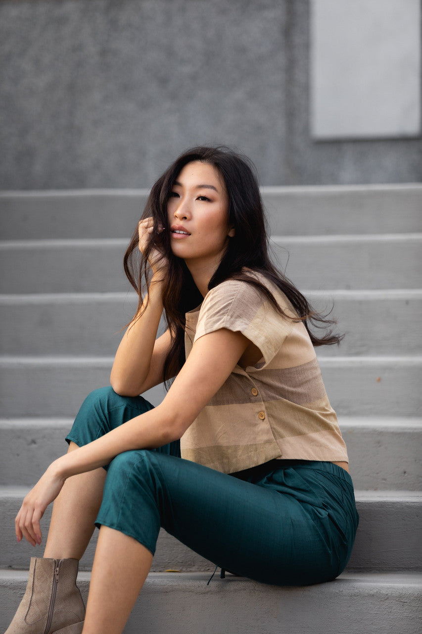 Katie Handwoven Cotton Crop in Beige Stripe - XS Pants, XL Shirt