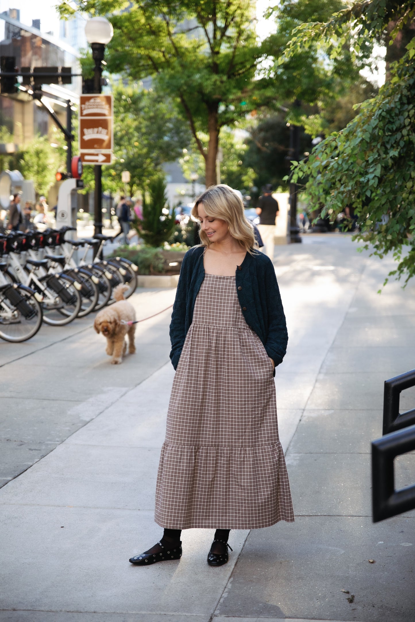 Long Lena Tiered Linen Dress in Beige Plaid