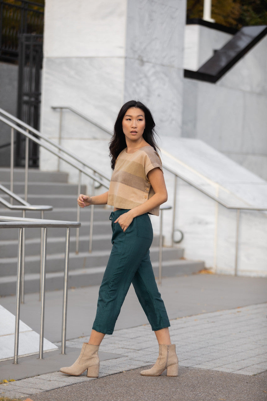 Katie Handwoven Cotton Crop in Beige Stripe - XS Pants, XL Shirt