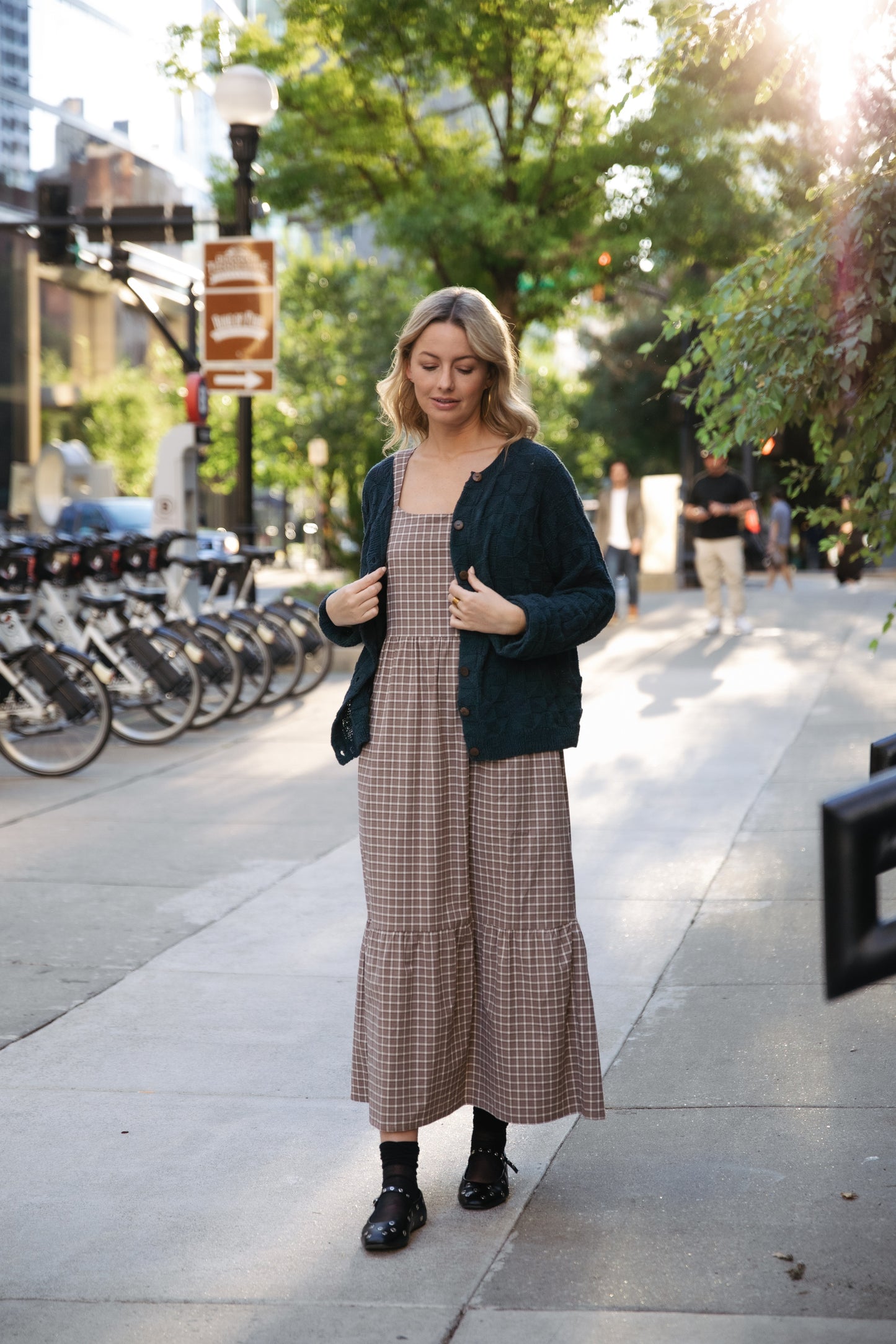 Long Lena Tiered Linen Dress in Beige Plaid