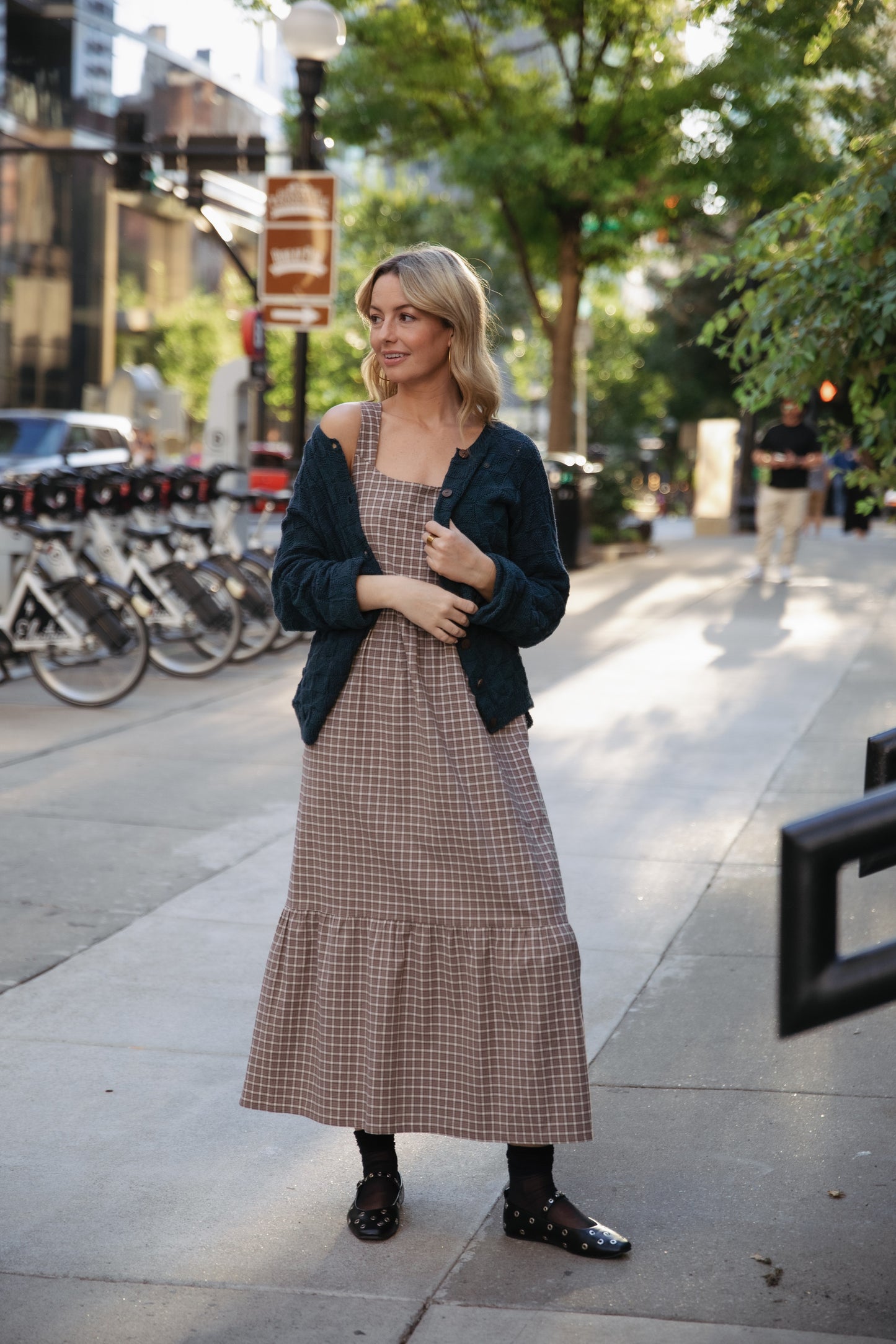 Long Lena Tiered Linen Dress in Beige Plaid