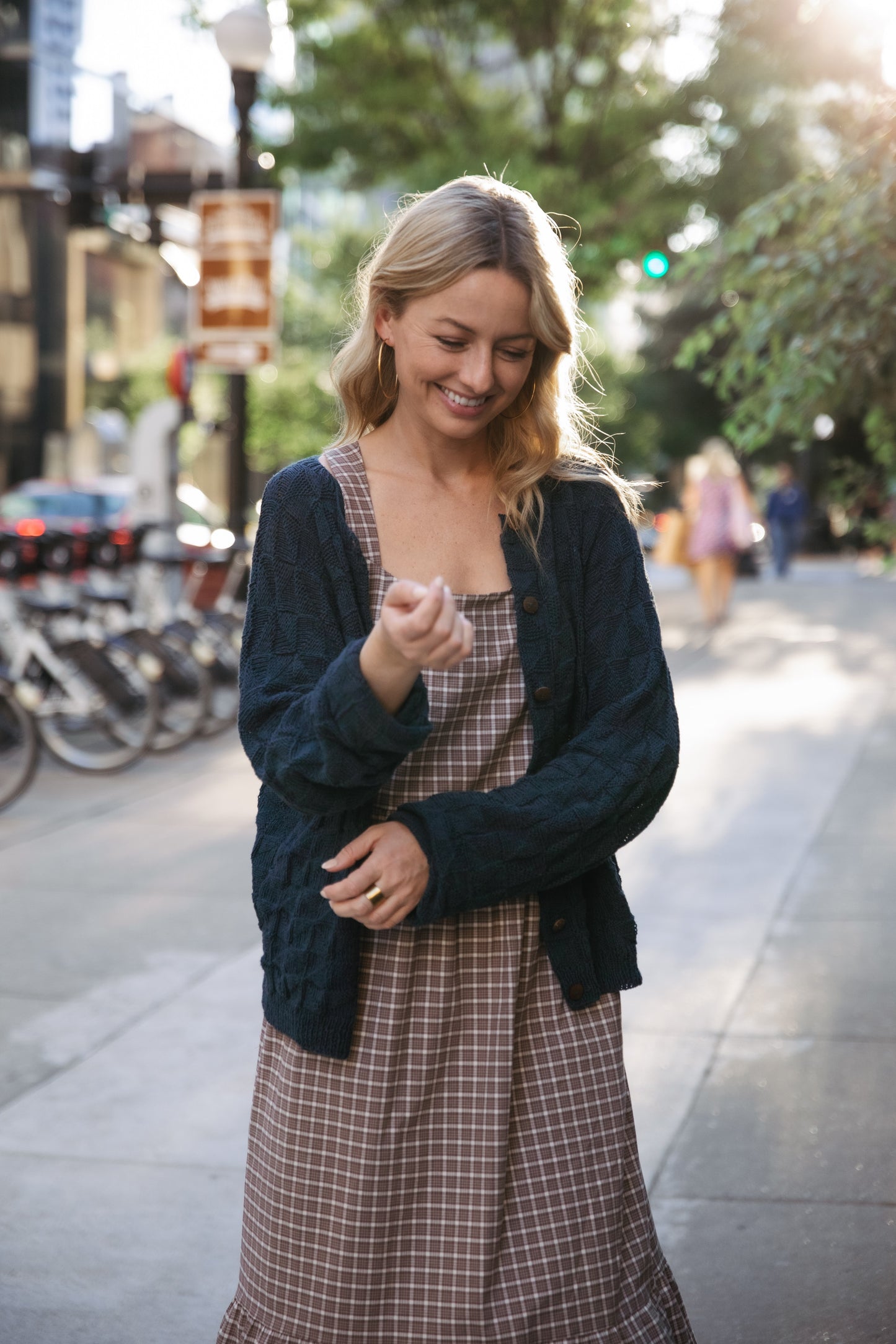 Long Lena Tiered Linen Dress in Beige Plaid