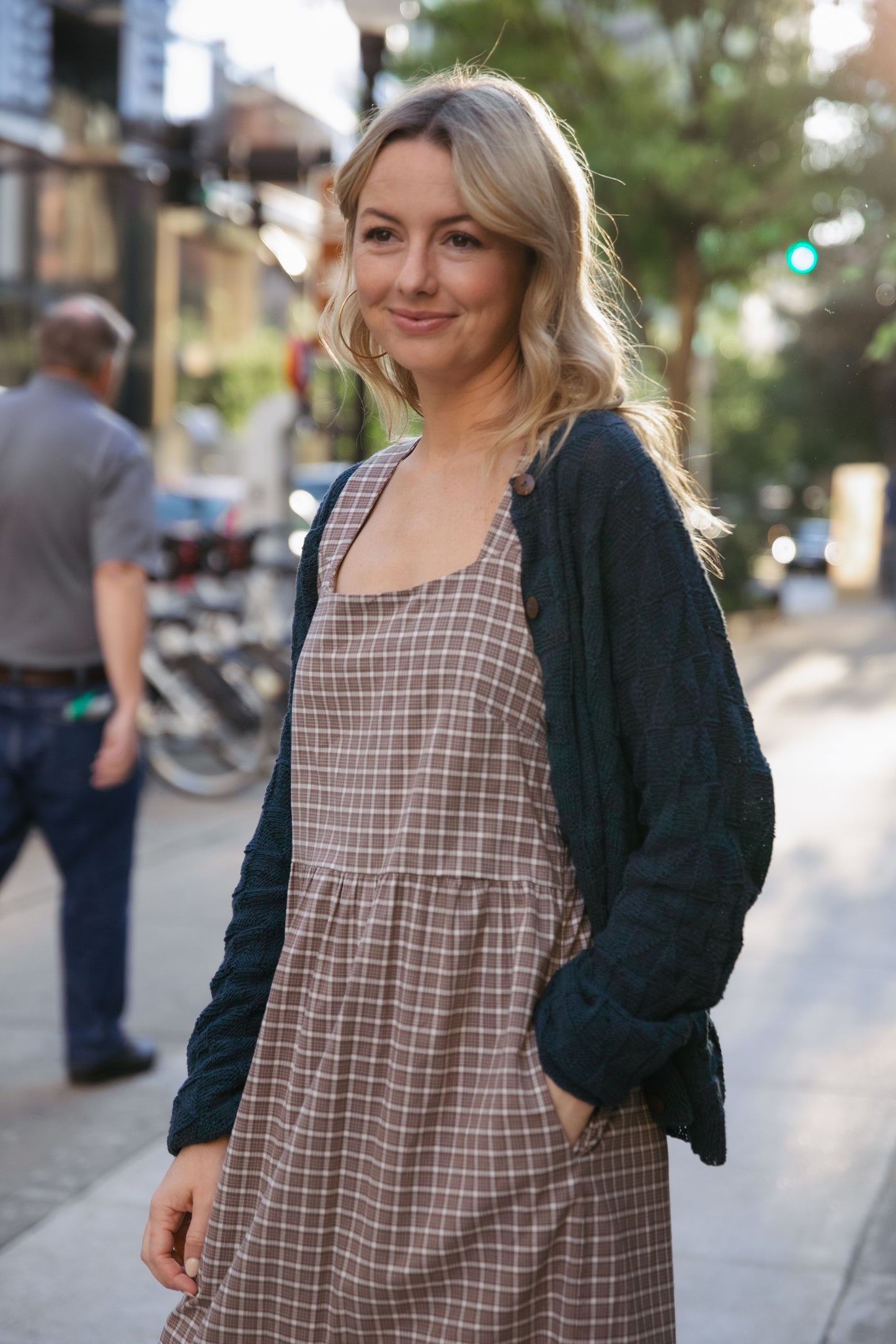 Long Lena Tiered Linen Dress in Beige Plaid