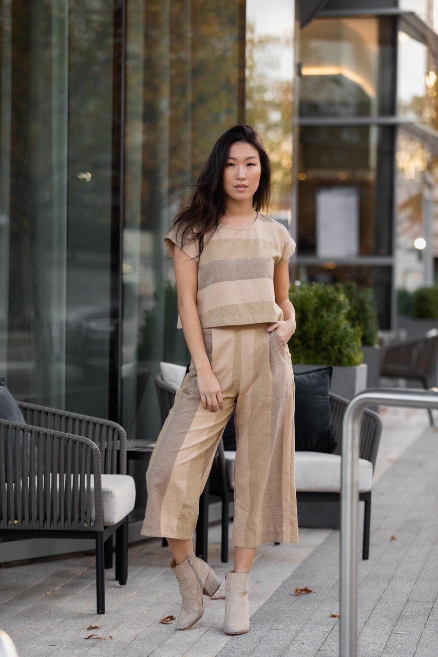 Katie Handwoven Cotton Crop in Beige Stripe - XS Pants, XL Shirt