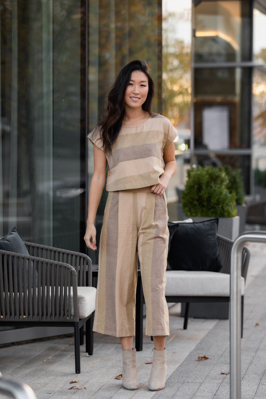 Katie Handwoven Cotton Crop in Beige Stripe - XS Pants, XL Shirt