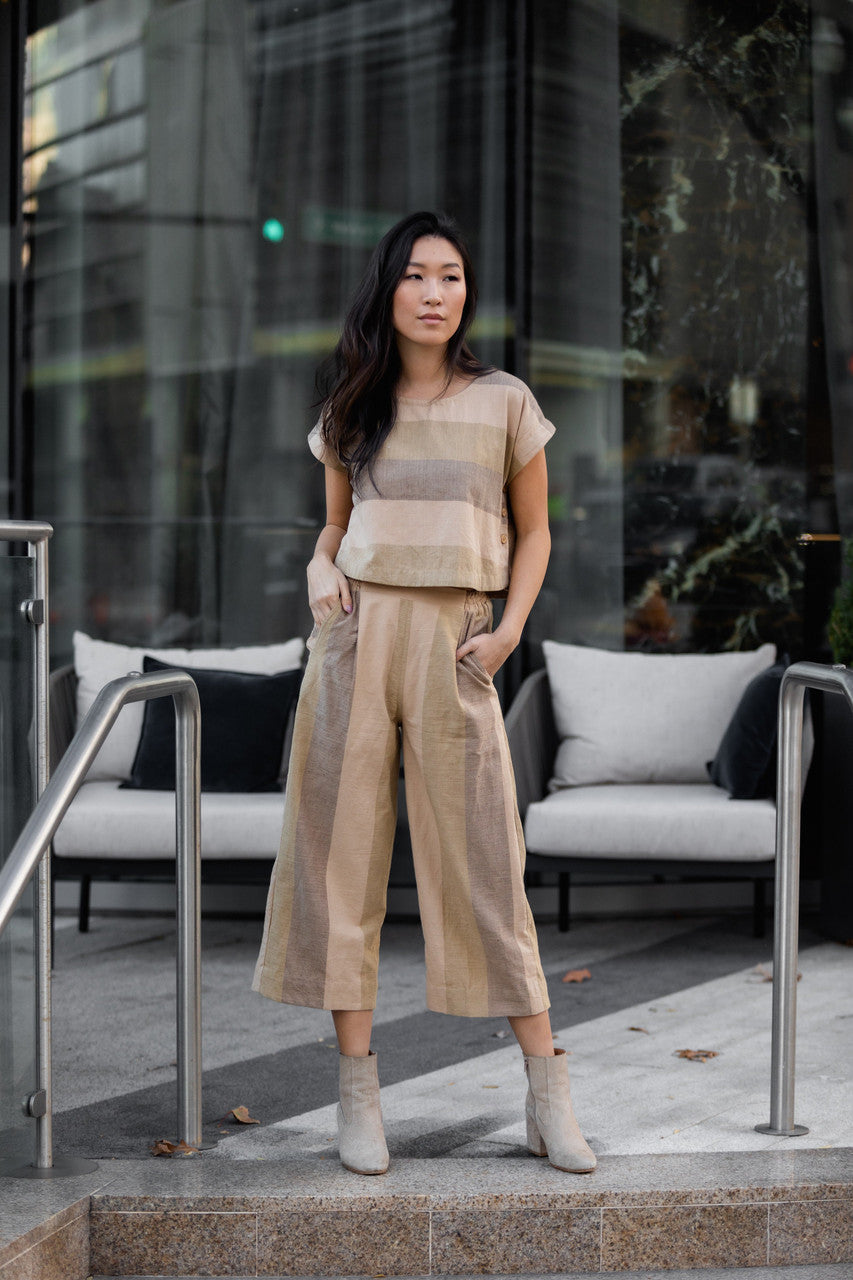 Katie Handwoven Cotton Crop in Beige Stripe - XS Pants, XL Shirt