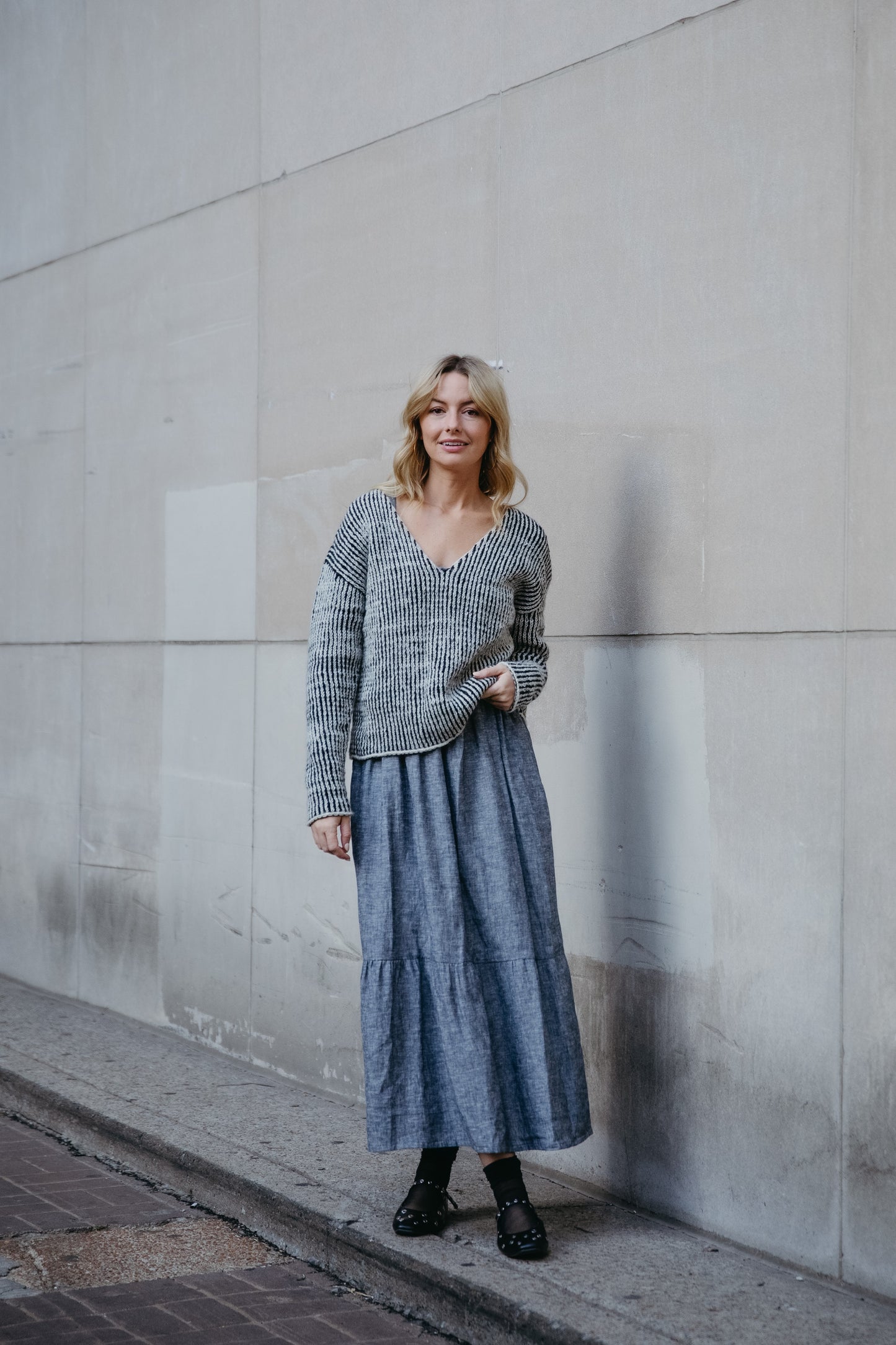 Long Lena Tiered Linen Dress in Chambray Denim Linen - Pre-Order 2/30