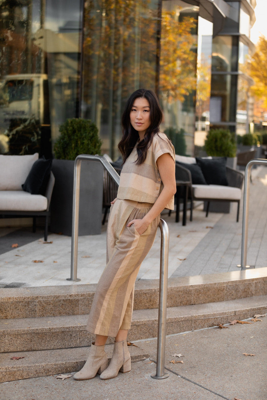 Katie Handwoven Cotton Crop in Beige Stripe - XS Pants, XL Shirt