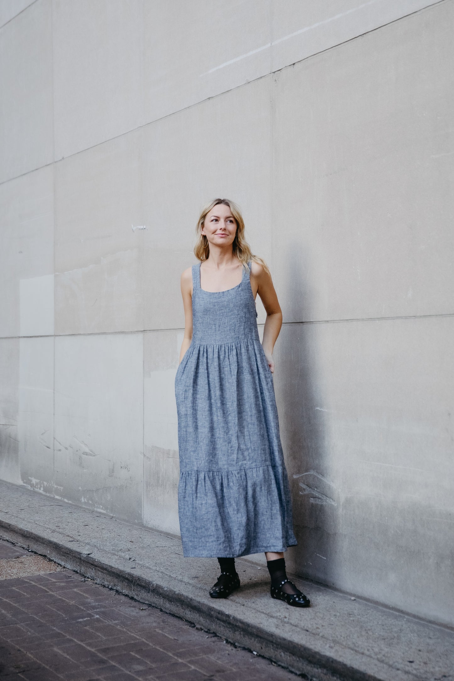 Long Lena Tiered Linen Dress in Chambray Denim Linen - Pre-Order 2/30