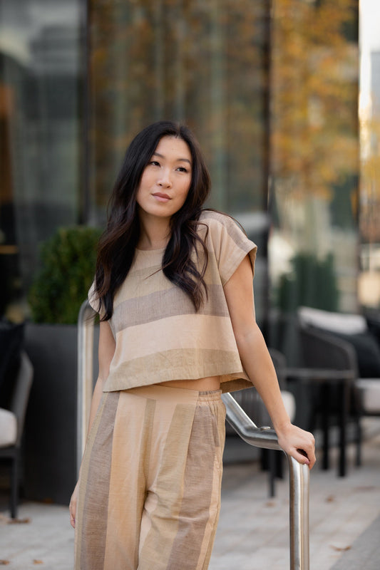 Katie Handwoven Cotton Crop in Beige Stripe - XS Pants, XL Shirt