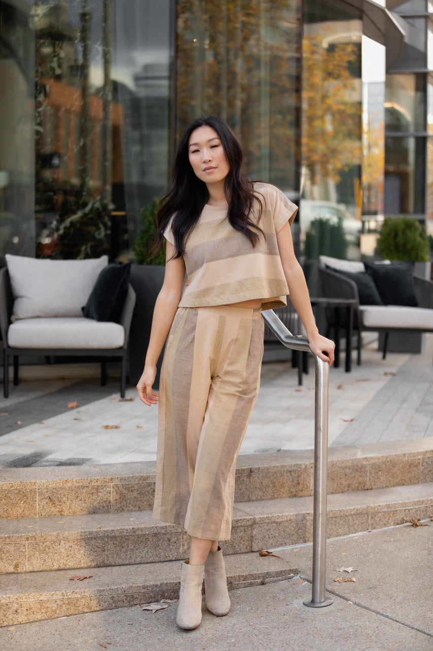 Katie Handwoven Cotton Crop in Beige Stripe - XS Pants, XL Shirt