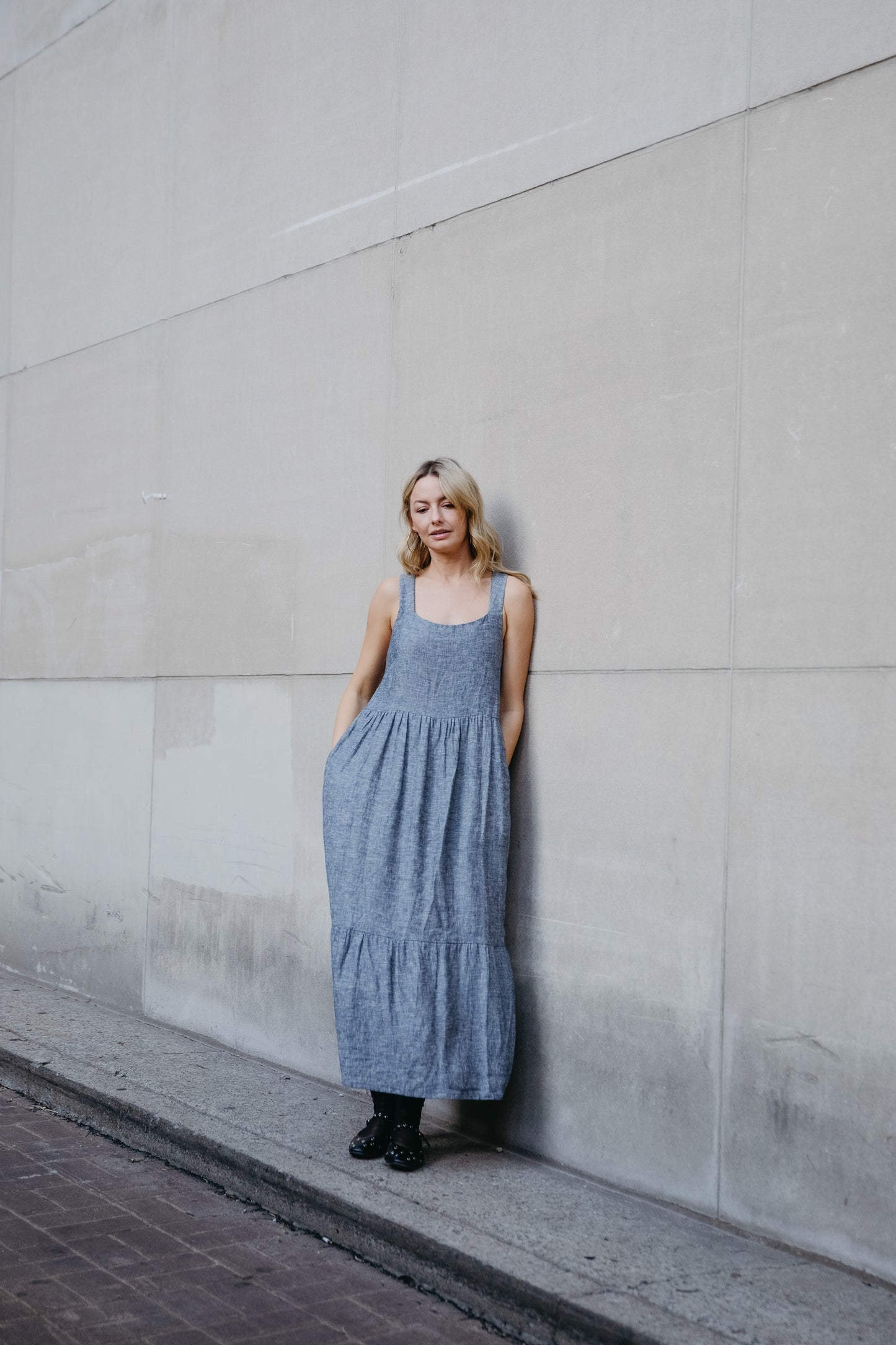 Long Lena Tiered Linen Dress in Chambray Denim Linen - Pre-Order 2/30