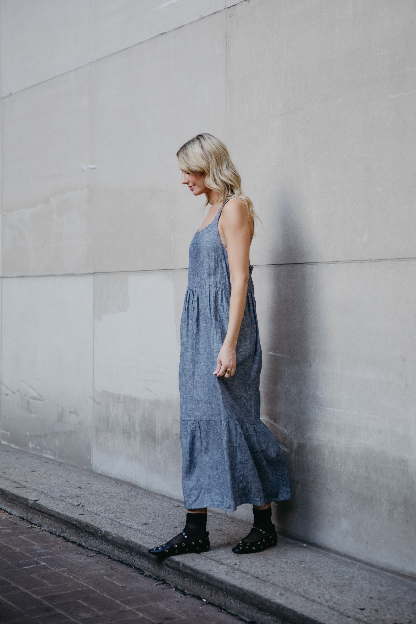 Long Lena Tiered Linen Dress in Chambray Denim Linen - Pre-Order 2/30