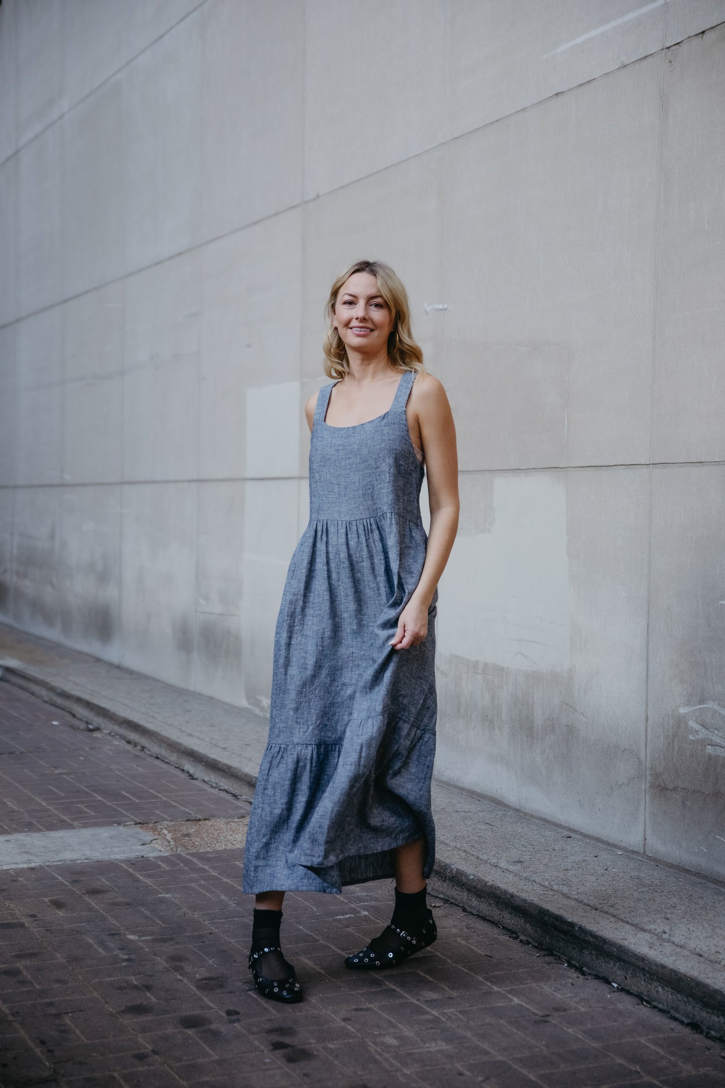 Long Lena Tiered Linen Dress in Chambray Denim Linen - Pre-Order 2/30