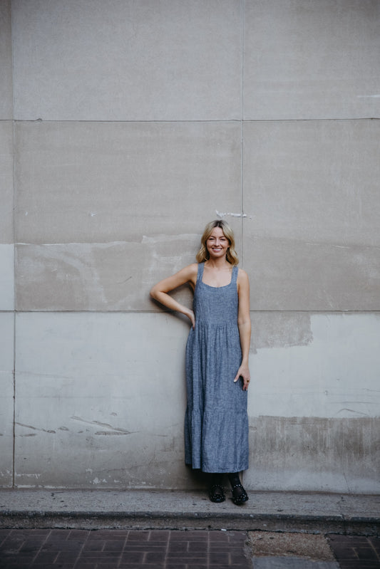 Long Lena Tiered Linen Dress in Chambray Denim Linen - Pre-Order 2/30