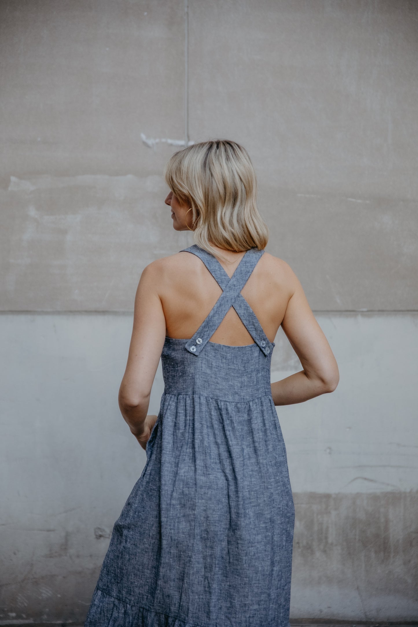 Long Lena Tiered Linen Dress in Chambray Denim Linen - Pre-Order 2/30