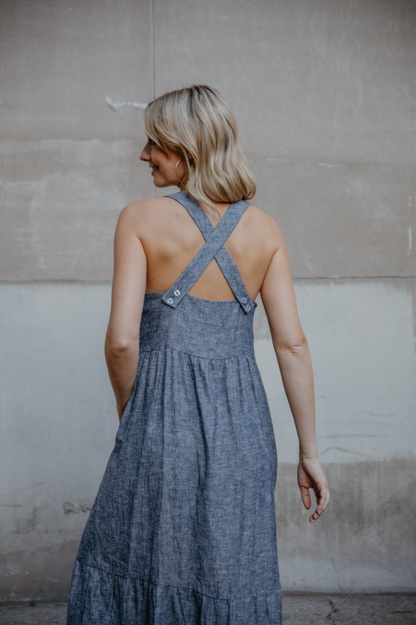 Long Lena Tiered Linen Dress in Chambray Denim Linen - Pre-Order 2/30