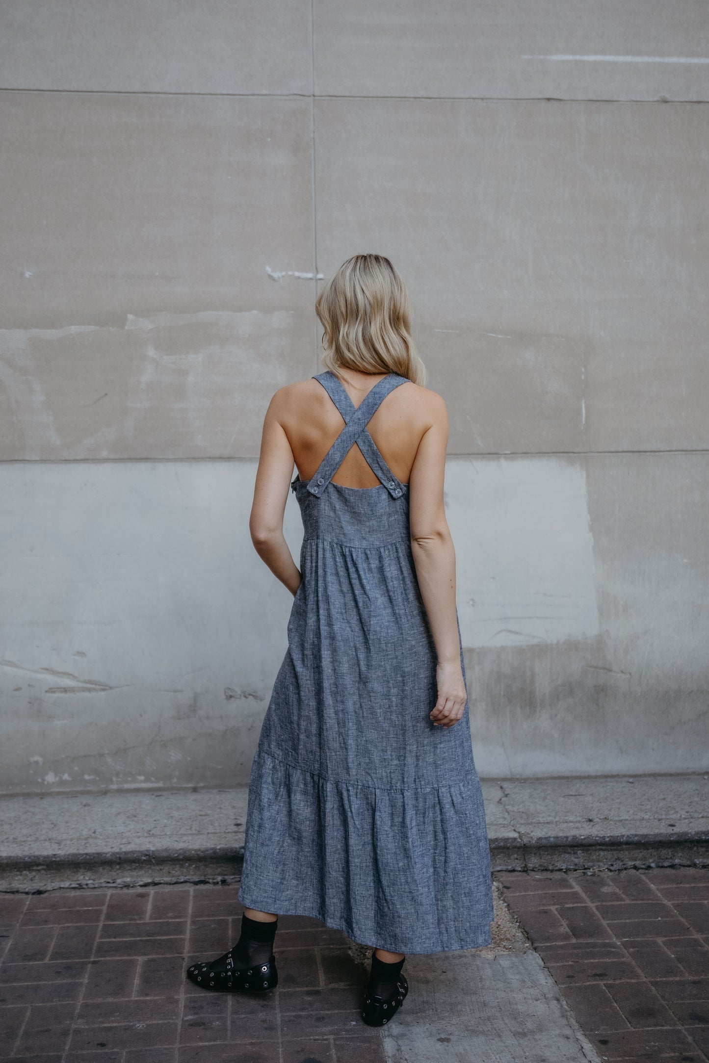 Long Lena Tiered Linen Dress in Chambray Denim Linen - Pre-Order 2/30