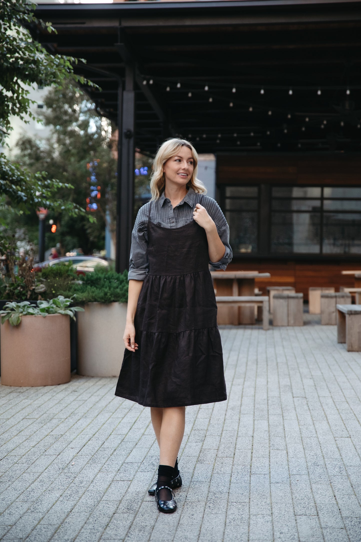 Lena Tiered Linen Dress in Dark Brown