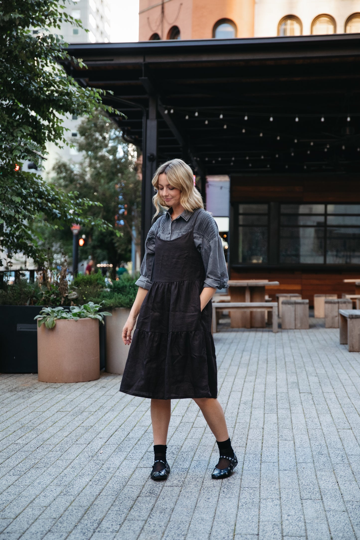 Lena Tiered Linen Dress in Dark Brown