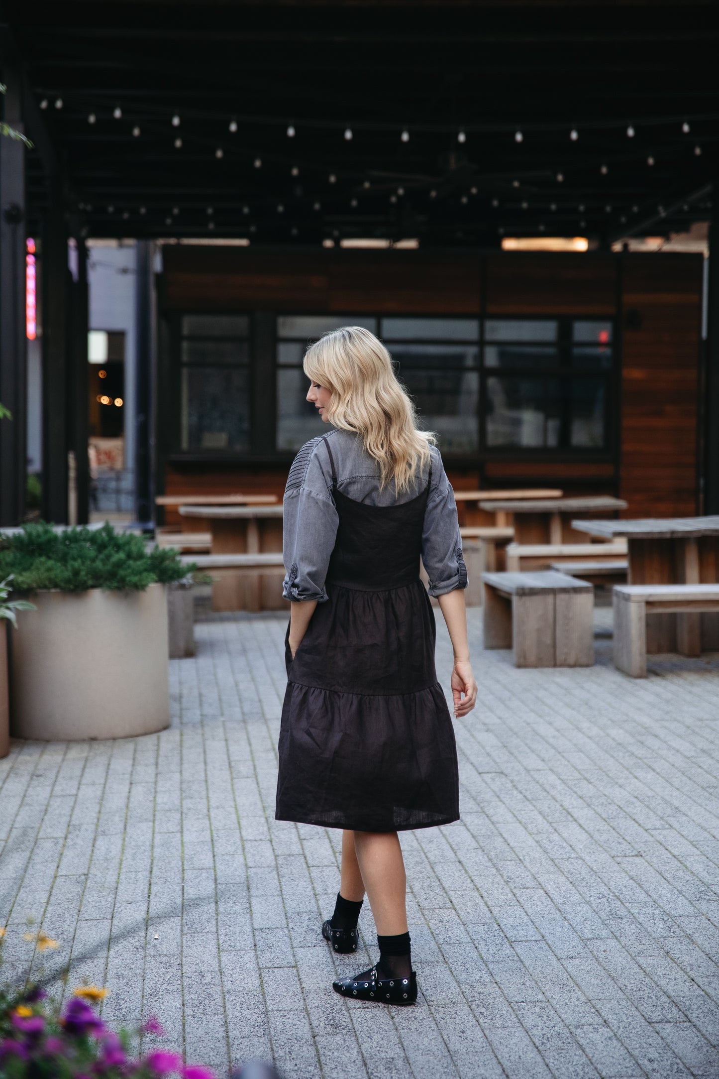 Lena Tiered Linen Dress in Dark Brown