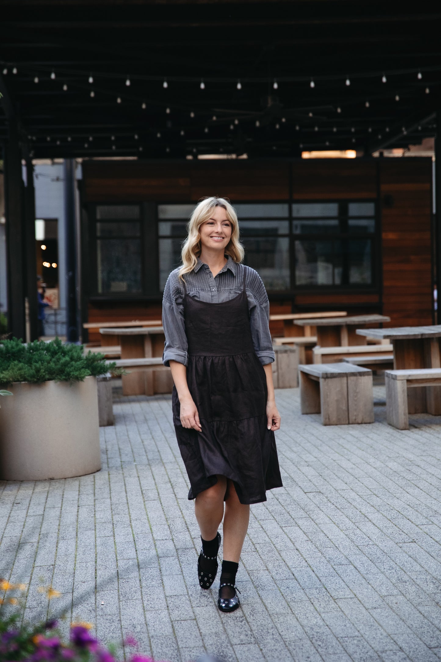 Lena Tiered Linen Dress in Dark Brown