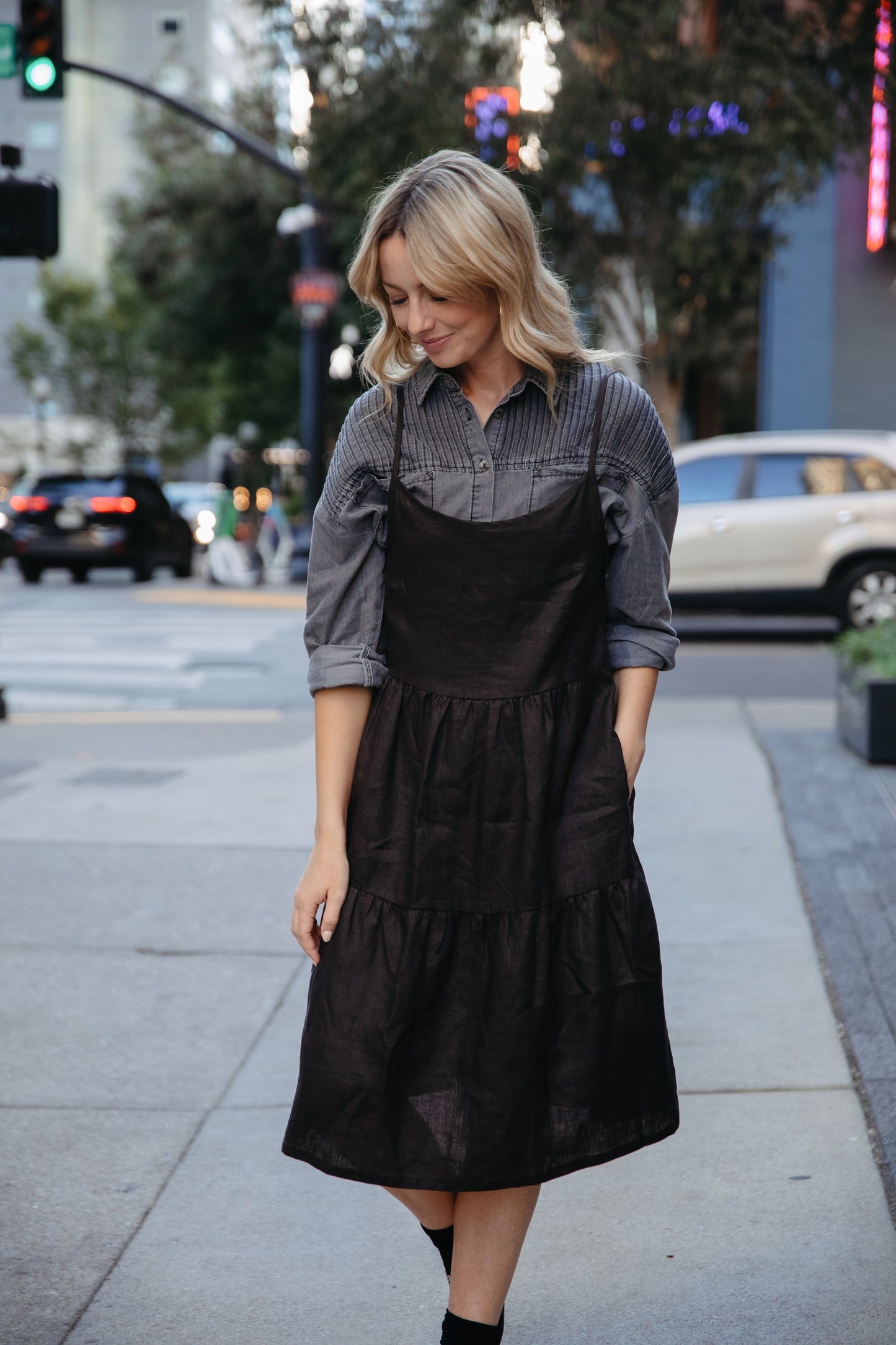 Lena Tiered Linen Dress in Dark Brown