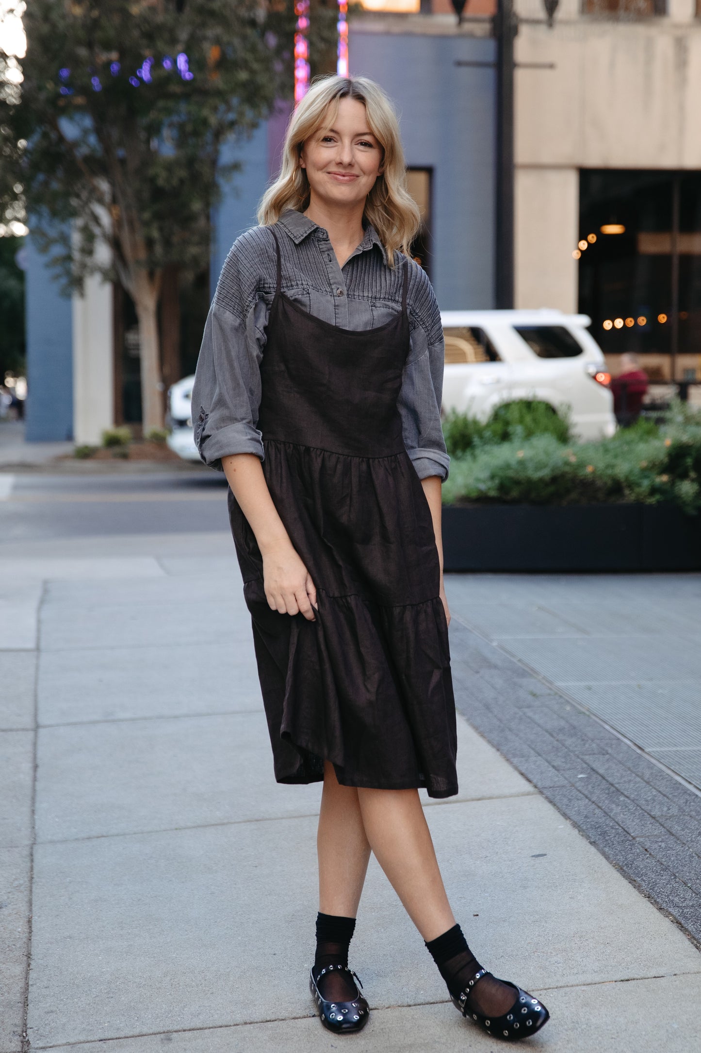 Lena Tiered Linen Dress in Dark Brown