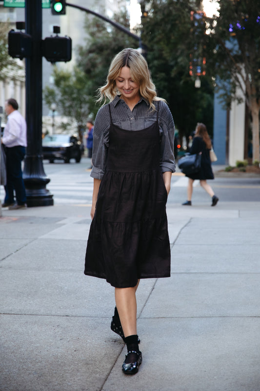 Lena Tiered Linen Dress in Dark Brown