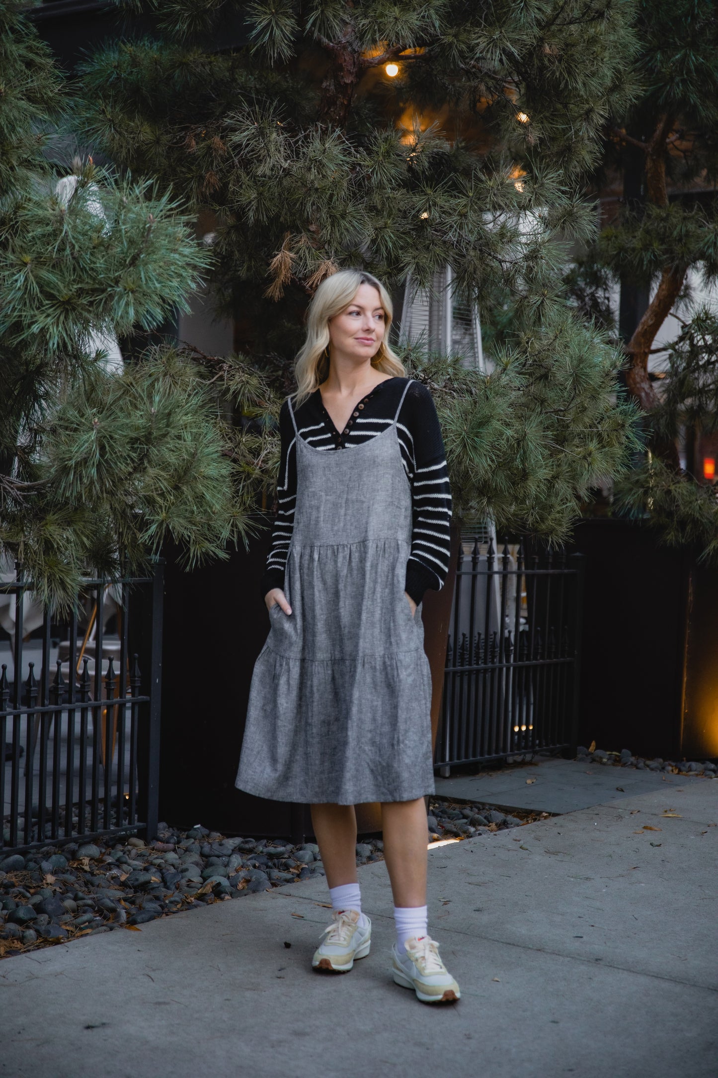 Lena Tiered Linen Dress in Chambray Denim Linen