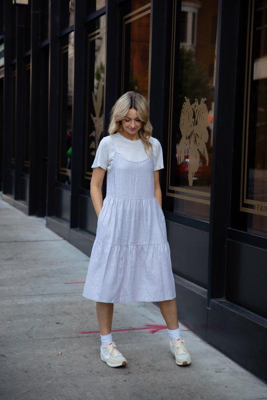 Lena Tiered Linen Dress in Beige and White Stripe