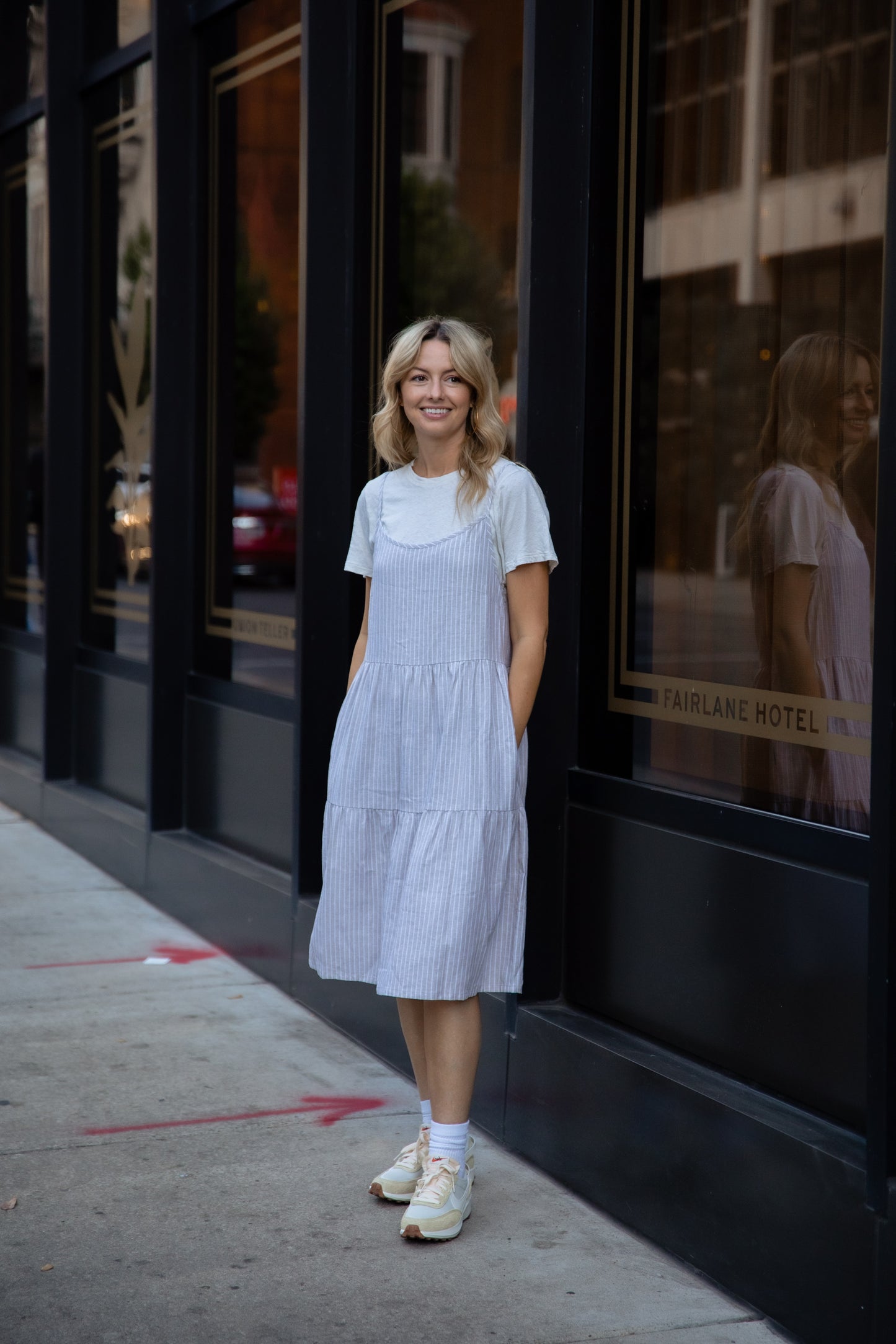 Lena Tiered Linen Dress in Beige and White Stripe