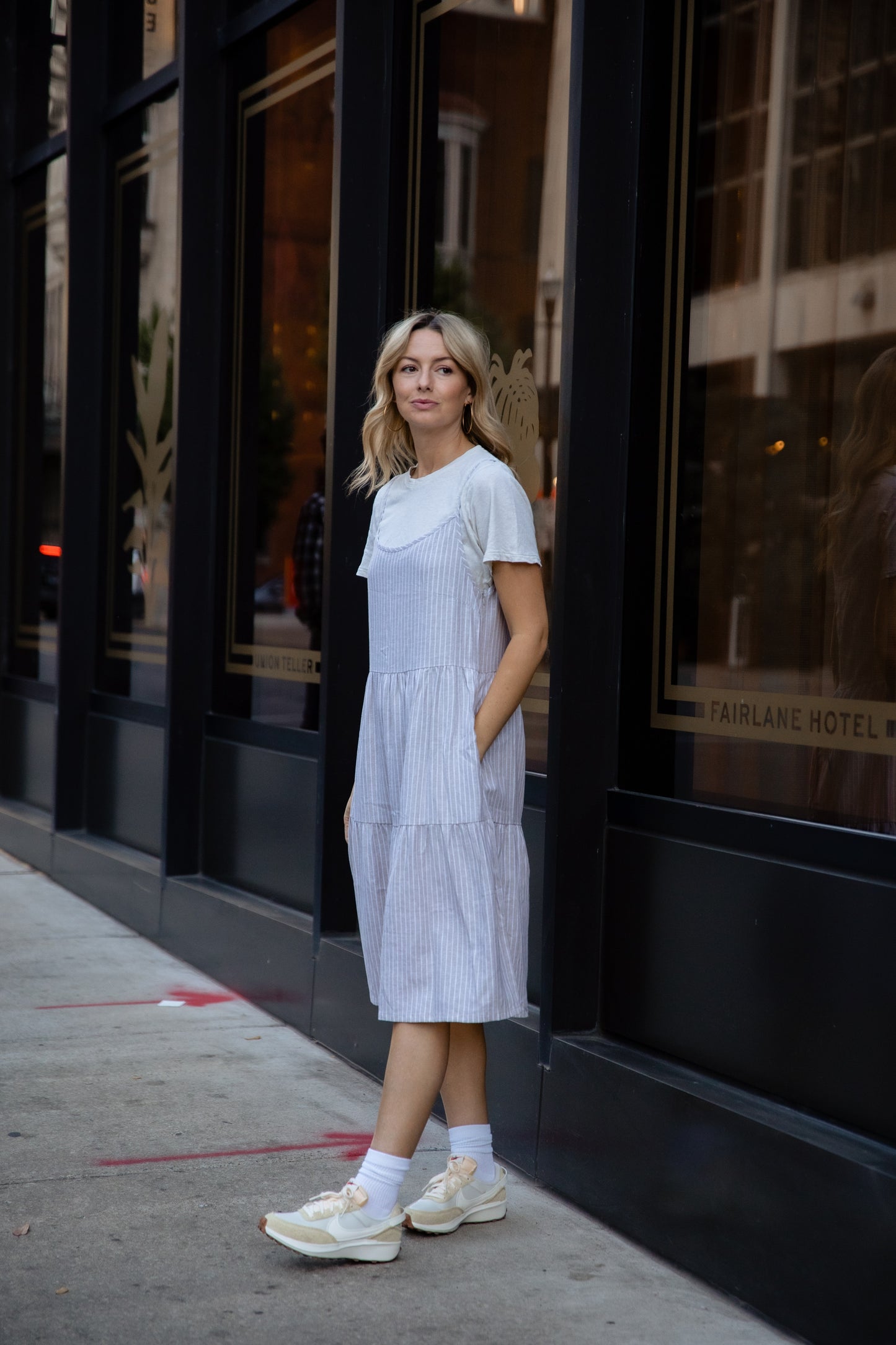 Lena Tiered Linen Dress in Beige and White Stripe