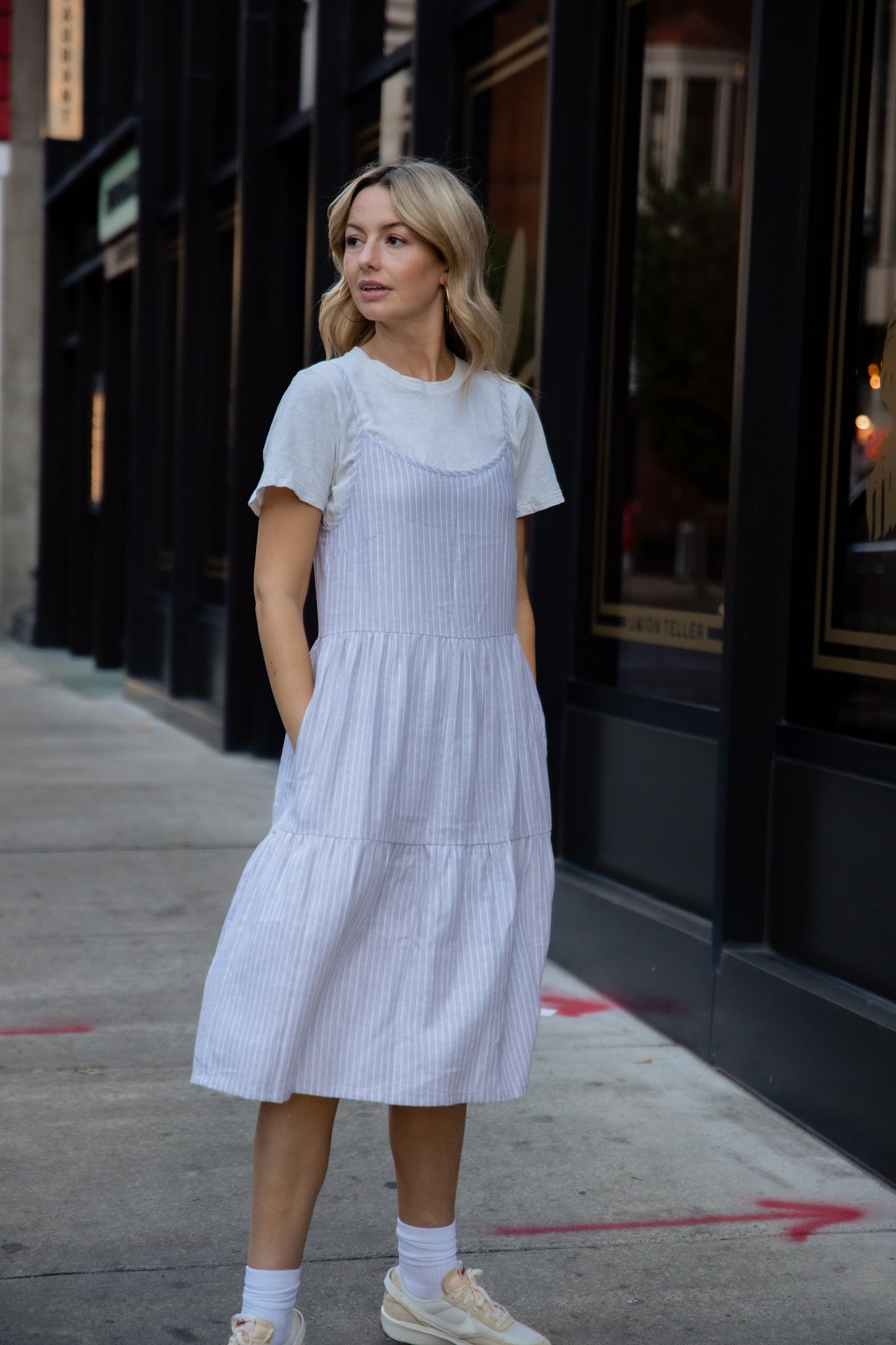 Lena Tiered Linen Dress in Beige and White Stripe