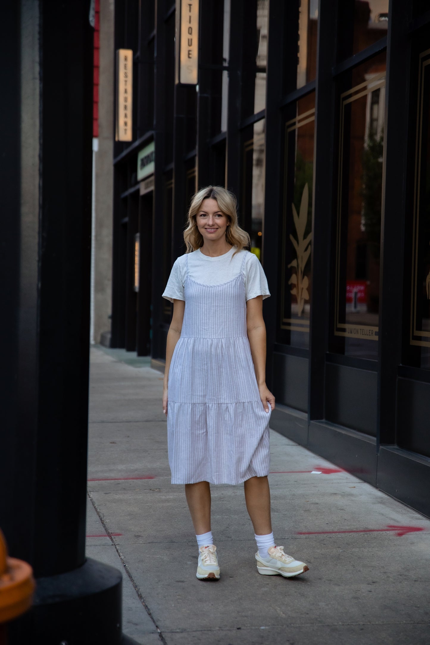 Lena Tiered Linen Dress in Beige and White Stripe