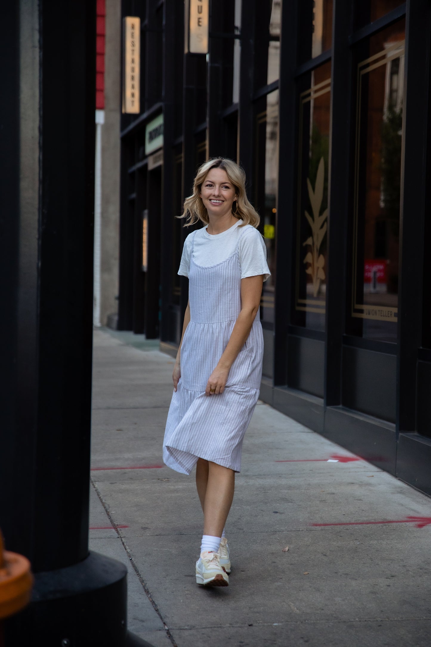 Lena Tiered Linen Dress in Beige and White Stripe